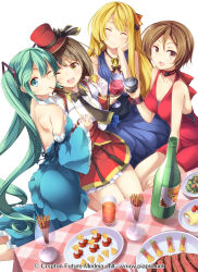 Rule 34 | 4girls, ;), ^ ^, aqua eyes, aqua hair, back, backless dress, backless outfit, bare shoulders, black bow, black bowtie, black necktie, blonde hair, blue dress, blush, bottle, bow, bowtie, breasts, brown eyes, brown hair, character request, cleavage, closed eyes, closed mouth, collar, crossover, cup, detached collar, detached sleeves, dress, drink, drinking glass, food, frilled skirt, frilled sleeves, frills, glint, gloves, hand on own cheek, hand on own face, hat, hatsune miku, head tilt, holding, holding food, holding hands, interlocked fingers, jewelry, kneeling, leaning forward, long hair, long sleeves, looking at viewer, matsuuni, medium breasts, meiko (vocaloid), mouth hold, multiple girls, necklace, necktie, one eye closed, pendant, plate, pocky, red dress, red hat, red skirt, round teeth, sash, seiza, short hair, shoulder blades, simple background, sitting, skirt, sleeveless, sleeveless dress, smile, table, tablecloth, tareme, teeth, top hat, twintails, vocaloid, white background, white gloves, wide sleeves, wine glass