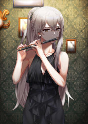 Rule 34 | 1girl, absurdres, alternate costume, armpits, bass flute, black dress, black hairband, blurry, blurry background, breasts, cleavage, commentary request, cowboy shot, dress, facing viewer, flute, frilled dress, frills, girls&#039; frontline, green background, grey hair, hairband, halter dress, halterneck, han a o3o, hands up, head tilt, highres, holding, holding instrument, indoors, instrument, korean commentary, music, photo (object), playing instrument, ponytail, scar, scar across eye, scar on face, sidelocks, sleeveless, small breasts, solo, standing, ump45 (girls&#039; frontline), wallpaper (object), yellow eyes