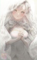 Rule 34 | 1girl, :o, absurdres, backlighting, blush, braid, dress, frills, gloves, grey eyes, hair between eyes, hair ornament, head tilt, highres, lace, lace-trimmed dress, lace trim, lace veil, looking at viewer, open mouth, original, own hands clasped, rainbow gradient, veil, white dress, white hair, white theme, white veil, yuubarish