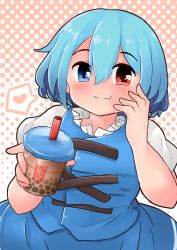 Rule 34 | 1girl, blue eyes, blue hair, blue skirt, blue vest, blush, bubble tea, chewing, commentary request, cup, debaa, disposable cup, drink, drinking glass, drinking straw, frills, gradient background, hand on own cheek, hand on own face, heart, heterochromia, highres, holding, holding cup, looking at viewer, moe (phrase), puffy sleeves, red eyes, short hair, simple background, skirt, smile, solo, tagme, tatara kogasa, tea, touhou, vest