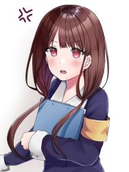 Rule 34 | 1girl, anger vein, armband, blush, brown hair, commentary request, grey background, holding, iino miko, kaguya-sama wa kokurasetai ~tensai-tachi no renai zunousen~, long hair, long sleeves, looking at viewer, low twintails, noco (no coco0), hugging object, open mouth, red eyes, shiny clothes, simple background, solo, teeth, twintails, upper body, upper teeth only, white background
