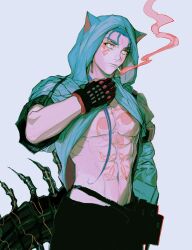 Rule 34 | 1boy, abs, animal ears, baragi, belt, black gloves, black pants, blue hair, blue jacket, cat ears, clothes lift, cu chulainn (fate), cu chulainn alter (fate), earrings, facial tattoo, fate/grand order, fate (series), gloves, grey background, highres, hood, hooded jacket, jacket, jacket lift, jewelry, kemonomimi mode, long hair, long sleeves, male focus, mouth hold, navel, pants, pectorals, simple background, smoking, solo, tail, tattoo, toned, toned male