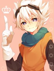 Rule 34 | 1boy, crown, gloves, goggles, goggles on head, inazuma eleven (series), inazuma eleven go, inazuma eleven go chrono stone, index finger raised, light smile, looking at viewer, male focus, nekoto maruta, purple eyes, saryuu evan, simple background, solo, white hair