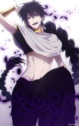 Rule 34 | 1boy, arm up, black hair, black pants, blurry, bracelet, braid, capelet, choker, commentary request, cowboy shot, crop top, depth of field, gold bracelet, gold choker, groin, hair between eyes, jewelry, judal, long hair, looking at viewer, magi the labyrinth of magic, male focus, mashima shima, navel, open mouth, pants, red eyes, single braid, smile, solo, standing, stomach, teeth, toned, toned male, twitter username, very long hair, white background, white capelet