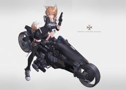 Rule 34 | 1girl, animal ears, brown hair, fox ears, fox girl, fox tail, gun, handgun, highres, holding, holding gun, holding weapon, looking at viewer, miv4t, motor vehicle, motorcycle, original, pistol, science fiction, shorts, smile, tail, thighhighs, weapon, white background