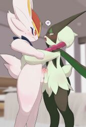 Rule 34 | 2boys, arms around waist, blurry, blurry background, blush, cinderace, creatures (company), erection, eye contact, fang, frottage, furry, furry male, furry with furry, game freak, gen 8 pokemon, green fur, hanaman ha, heart, highres, hug, looking at another, mask, meowscarada, multiple boys, multiple penises, nintendo, open mouth, penis, penises touching, pokemon, precum, short tail, smile, spoken heart, tail, two-tone fur, wavy mouth, white fur, yaoi