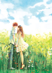 Rule 34 | 1boy, 1girl, bow, breasts, brown hair, cloud, couple, daisy (artist), daisy (daisyqueen511), day, dress, field, flower, grass, holding hands, happy, hetero, high heels, imminent kiss, long hair, original, outdoors, shoes, short hair, sky, small breasts, smile, tiptoes