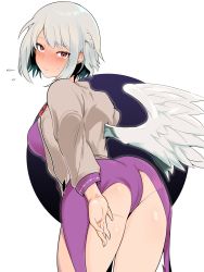 Rule 34 | 1girl, absurdres, angel wings, ass, banned artist, beige jacket, blush, braid, breasts, closed mouth, commentary request, contrapposto, cowboy shot, dress, feathered wings, flying sweatdrops, french braid, from behind, hekiga (freelot), highres, kishin sagume, large breasts, long sleeves, looking at viewer, looking back, pink eyes, purple dress, red neckwear, short hair, silver hair, simple background, single wing, solo, thighs, touhou, white background, wings