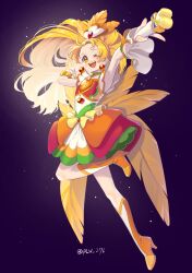 Rule 34 | 1girl, ;d, arm up, armpits, blonde hair, boots, brooch, cure honey, cure honey (coconut samba), detached sleeves, earrings, feathers, frills, hair ornament, happinesscharge precure!, heart, heart brooch, highres, holding, holding wand, jewelry, knee boots, layered skirt, long hair, looking at viewer, magical girl, one eye closed, oomori yuuko, open mouth, orange feathers, plv 276, precure, purple background, simple background, skirt, smile, solo, twitter username, wand, yellow eyes