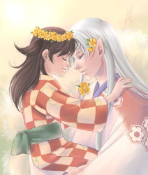 Rule 34 | 1boy, 1girl, age difference, brown hair, closed eyes, eyelashes, flower, hair flower, hair ornament, head wreath, hexagon, holding, inuyasha, long hair, pointy ears, profile, rin (inuyasha), sesshoumaru, short twintails, side ponytail, signature, silver hair, smile, tokiko (psychopomp), twintails