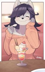 Rule 34 | 1girl, absurdres, animal ears, black hair, booth seating, border, cherry, closed eyes, commission, dog ears, dog girl, eating, eyelashes, female focus, food, fruit, furry, furry female, hand on own face, happy, highres, ice cream, original, outside border, parfait, pink sweater, ribbed sweater, ryuusui arumo, signature, sleeves past wrists, solo, spoon, strapless, strawberry, sweater, table, white border