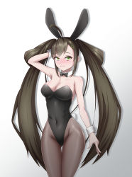 Rule 34 | 1girl, animal ears, black hair, black leotard, black pantyhose, bow, bowtie, breasts, chinese commentary, cleavage, commentary request, covered navel, detached collar, fake animal ears, green eyes, highres, leotard, long hair, looking at viewer, medium breasts, pantyhose, playboy bunny, rabbit ears, rabbit tail, simple background, solo, sun shang xiang, tail, thigh gap, twintails, wangzhe rongyao, white background, wrist cuffs, xing yujun