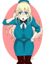 Rule 34 | 10s, 1girl, atago (kancolle), black pantyhose, blonde hair, blush, breasts, covered erect nipples, glasses, green eyes, hand on own hip, hat, highres, kantai collection, kuboshun, large breasts, long hair, looking at viewer, open mouth, pantyhose, personification, smile, solo