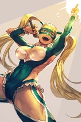 Rule 34 | 1girl, :d, arm up, blonde hair, bodysuit, capcom, cowboy shot, frills, green bodysuit, green eyes, grey background, hair tubes, holding, holding microphone, hungry clicker, legs apart, long hair, long sleeves, mask, microphone, music, open mouth, rainbow mika, revealing clothes, singing, smile, solo, spotlight, standing, street fighter, twintails