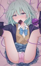 Rule 34 | 1girl, blush, bow, bowtie, condom, condom in mouth, condom wrapper, feet out of frame, green eyes, green hair, haruki reimari, heart, heart-shaped pupils, highres, komeiji koishi, looking at viewer, lying, mouth hold, on back, on bed, panties, pillow, pink panties, plaid, plaid skirt, school uniform, skirt, smile, solo, symbol-shaped pupils, third eye, touhou, underwear