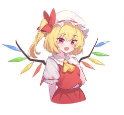 Rule 34 | 1girl, ascot, blonde hair, bsm (nerdmin), collared shirt, crystal, fang, flandre scarlet, hair between eyes, long hair, looking at viewer, one side up, open mouth, red eyes, red skirt, red vest, shirt, simple background, skin fang, skirt, smile, solo, touhou, vest, white background, white shirt, wings, yellow ascot