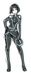 Rule 34 | 1girl, bare shoulders, black hair, blue eyes, bob cut, bodysuit, breasts, chakram, contrapposto, disc (tron), elbow gloves, gloves, hand on own hip, highres, maniacpaint, neon trim, quorra, short hair, smile, solo, standing, tron, tron: legacy, weapon