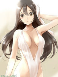 Rule 34 | 10s, 1girl, alternate costume, arm at side, arm up, breasts, breasts apart, brown eyes, brown hair, chikuma (kancolle), collarbone, contemporary, drying, drying hair, groin, hair between eyes, kantai collection, large breasts, long hair, looking at viewer, parted lips, primary stage, sideboob, solo, twitter username