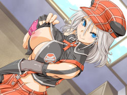 Rule 34 | 1girl, alisa ilinichina amiella, amano mitsurugi, black vest, blue eyes, blush, breasts, cabbie hat, closed mouth, cloud, cowboy shot, cropped vest, day, female focus, flashing, from above, gloves, god eater, hair between eyes, hat, highres, indoors, large breasts, light blush, looking at viewer, medium hair, midriff, naughty face, nipples, nose blush, one breast out, plaid headwear, silver hair, skirt, sky, smile, solo, standing, suspender skirt, suspenders, underboob, vest, window