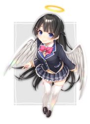 Rule 34 | 1girl, black footwear, black hair, blazer, blue eyes, blunt bangs, bow, bowtie, braid, closed mouth, feathered wings, full body, grey skirt, hair ornament, hairclip, half updo, halo, hattori masaki, jacket, loafers, long hair, looking at viewer, nijisanji, plaid, plaid skirt, red bow, school uniform, shoes, skirt, smile, solo, standing, thighhighs, tsukino mito, tsukino mito (1st costume), virtual youtuber, white thighhighs, white wings, wings, zettai ryouiki
