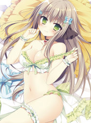 Rule 34 | 1girl, babydoll, bare shoulders, blush, bow, bow bra, bra, breasts, bridal garter, brown hair, choker, cleavage, closed mouth, dengeki moeou, eyebrows, fingernails, flower, frilled bra, frilled cuffs, frilled pillow, frills, front-tie top, green eyes, hair flower, hair ornament, hands up, highres, long fingernails, long hair, looking at viewer, lying, matsumiya kiseri, medium breasts, navel, on back, on bed, original, panties, pillow, pulling own clothes, sidelocks, smile, solo, stomach, strap pull, strap slip, underwear, wrist cuffs