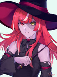 Rule 34 | 1girl, artist name, black dress, black hat, black sleeves, commentary, detached sleeves, dress, english commentary, hat, heterochromia, highres, holding, holding wand, hololive, hololive indonesia, kureiji ollie, kureo, long hair, looking at viewer, multicolored hair, patchwork skin, red eyes, red hair, smile, streaked hair, virtual youtuber, wand, white hair, witch, witch hat, yellow eyes, zombie