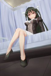 Rule 34 | 1girl, black hair, breasts, hair ribbon, highres, legs, long hair, long legs, mayo chiki!, open mouth, red eyes, ribbon, shaded face, shinbee, sitting, solo, suzutsuki kanade, twintails, two side up