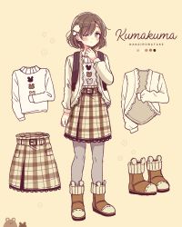 Rule 34 | 1girl, backpack, bag, blush, boots, brown background, brown eyes, brown footwear, brown hair, brown jacket, brown skirt, closed mouth, color guide, commentary request, grey pantyhose, highres, jacket, long sleeves, looking at viewer, one eye closed, open clothes, open jacket, original, pantyhose, plaid, plaid skirt, romaji text, sakura oriko, shirt, short hair, simple background, skirt, solo, white shirt