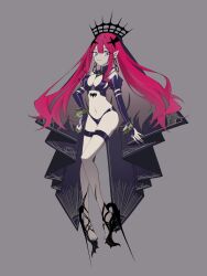 1girl absurdres baobhan_sith_(fate) baobhan_sith_(second_ascension)_(fate) black_nails black_panties bracelet breasts cleavage detached_sleeves fate/grand_order fate_(series) full_body grey_background grey_eyes high_heels highres hoop jewelry long_hair looking_at_viewer navel panties pink_hair pointy_ears revealing_clothes sidelocks smile solo spiked_bracelet spikes thigh_strap tokumori_ramen underwear veil