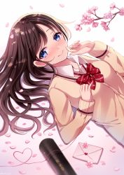 Rule 34 | 1girl, blue eyes, blush, bow, branch, breasts, brown cardigan, brown hair, cardigan, cherry blossoms, closed mouth, collared shirt, commentary request, envelope, fingernails, heart, letter, long hair, long sleeves, love letter, lying, nail polish, nose blush, on back, original, petals, pink nails, red bow, sakura hiyori, school uniform, shirt, sleeves past wrists, small breasts, smile, solo, tube, white shirt
