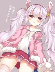 Rule 34 | 1girl, :&lt;, animal ears, animal print, azur lane, blush, camisole, commentary request, cowboy shot, dot nose, dutch angle, from below, fur-trimmed jacket, fur trim, hair between eyes, hairband, highres, jacket, laffey (azur lane), long sleeves, looking at viewer, off shoulder, open mouth, panties, pantyshot, parted lips, pink jacket, pleated skirt, print panties, purple background, rabbit ears, rabbit panties, rabbit print, red skirt, simple background, single bare shoulder, skirt, sleeves past wrists, solo, spaghetti strap, standing, strap slip, suzunone rena, thighhighs, translated, triangle mouth, twintails, underwear, white panties