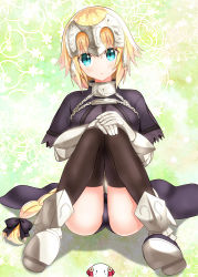 Rule 34 | 1girl, bad id, bad pixiv id, black thighhighs, blonde hair, blue eyes, blush, breasts, fate/apocrypha, fate/grand order, fate (series), headpiece, highres, jeanne d&#039;arc (fate), jeanne d&#039;arc (ruler) (fate), jeanne d&#039;arc alter (fate), large breasts, looking at viewer, nanakusa (user rnpt7322), parted lips, short hair, sitting, solo, thighhighs