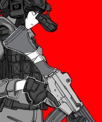 Rule 34 | 1girl, assault rifle, commentary, daewoo k2, gloves, gun, helmet, highres, holding, holding gun, holding weapon, jacket, long sleeves, nyagurisushi, original, pants, parted lips, profile, red background, rifle, simple background, solo, trigger discipline, weapon