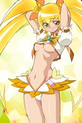 Rule 34 | 10s, 1girl, arms behind head, blonde hair, bow, breasts, brooch, cure sunshine, heart, heart brooch, heartcatch precure!, jewelry, long hair, magical girl, midriff, myoudouin itsuki, navel, oimanji, orange bow, panties, precure, skirt, solo, twintails, underboob, underwear, very long hair, white panties, yellow bow, yellow eyes