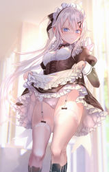 Rule 34 | 1girl, 9a-91 (bullets cafe) (girls&#039; frontline), 9a-91 (girls&#039; frontline), alternate costume, apron, black footwear, blue eyes, blush, boots, breasts, closed mouth, clothes lift, corset, dress, dress lift, enmaided, frilled dress, frills, from behind, garter straps, girls&#039; frontline, hair between eyes, hair ornament, hair ribbon, hairclip, highres, juliet sleeves, lifted by self, long hair, long sleeves, maid, maid headdress, medium breasts, panties, ponytail, pottsness, puffy sleeves, ribbon, solo, tears, thighhighs, underwear, very long hair, waist apron, white apron, white panties, white thighhighs