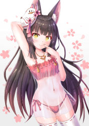 Rule 34 | 1girl, animal ear fluff, animal ears, arm behind head, arm up, armpits, azur lane, bare arms, black hair, blush, breasts, cherry blossoms, closed mouth, cocoasabure, collarbone, cowboy shot, finger to mouth, fox ears, fox mask, groin, hand up, has bad revision, highres, jewelry, light particles, lingerie, long hair, looking at viewer, mask, mask on head, nagato (azur lane), nagato (great fox&#039;s respite) (azur lane), navel, necklace, panties, red panties, see-through, side-tie panties, small breasts, smile, solo, standing, stomach, thighhighs, underwear, very long hair, white thighhighs, yellow eyes