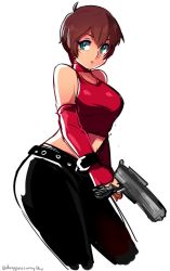 Rule 34 | 1girl, alternate costume, belt, brown hair, capcom, casual, choker, crop top, cropped legs, d-ryuu, elbow gloves, gloves, green eyes, gun, handgun, leather, leather pants, leather top, pants, pistol, rebecca chambers, red gloves, resident evil, resident evil 0, short hair, sketch, solo, very short hair, weapon