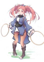 Rule 34 | 1girl, blush, boots, chakram, dewprism, dress, full body, highres, knee boots, long hair, long sleeves, mint (dewprism), orange pantyhose, pantyhose, pink hair, red eyes, rocura eru, simple background, smile, solo, twintails, weapon, white background