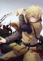 Rule 34 | al (ahr), battle, belt, black shirt, blonde hair, blood, blood on clothes, bloody weapon, brown tunic, dagger, dual wielding, fighting stance, gradient background, grey background, hair between eyes, highres, holding, holding weapon, knife, long sleeves, male focus, messy hair, sheath, shirt, thorfinn, upper body, vinland saga, weapon, yellow eyes
