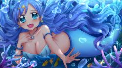 Rule 34 | 1girl, :d, air bubble, armlet, ass, blue eyes, blue hair, blush, bracelet, breasts, bubble, butt crack, cleavage, collarbone, commentary request, coral, dated commentary, earrings, fish, floating hair, full body, hair between eyes, hair ornament, hand on own chest, highres, houshou hanon, jewelry, large breasts, light rays, long hair, looking at viewer, mermaid, mermaid melody pichi pichi pitch, midriff, monster girl, necklace, open mouth, pearl bracelet, rock, seaweed, shell, shell bikini, shell necklace, sidelocks, skywalker0610, smile, solo, split tail, star (symbol), star earrings, star hair ornament, sunbeam, sunlight, tail bracelet, teeth, underwater, upper teeth only
