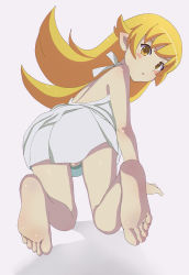 Rule 34 | 1girl, aruman, ass, back, bare shoulders, blonde hair, blush, dress, feet, foot focus, from behind, highres, long hair, looking at viewer, looking back, monogatari (series), open mouth, oshino shinobu, pointy ears, shadow, simple background, soles, solo, toes, white background, white dress, yellow eyes