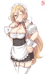 Rule 34 | 1girl, absurdres, alternate costume, apron, artist logo, black skirt, blonde hair, blouse, blue eyes, bow, breasts, cellphone, cleavage, commentary request, cowboy shot, dated, detached collar, enmaided, frilled apron, frilled shirt, frills, garter straps, hair between eyes, hair bow, high-waist skirt, highres, kanon (kurogane knights), kantai collection, large breasts, long hair, looking at viewer, maid, maid headdress, mole, mole under eye, mole under mouth, one eye closed, phone, richelieu (kancolle), shirt, simple background, skirt, solo, suspender skirt, suspenders, thighhighs, waist apron, white apron, white background, white bow, white shirt, white thighhighs, wrist cuffs