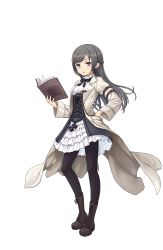 Rule 34 | 1girl, black pantyhose, book, boots, braid, brown footwear, cross-laced footwear, crown braid, full body, grey hair, hand in pocket, highres, holding, holding book, jacket, lace-up boots, long hair, looking at viewer, official art, open book, pantyhose, princess principal, princess principal game of mission, purple eyes, skirt, solo, sophie mackenzie, standing, transparent background, white skirt