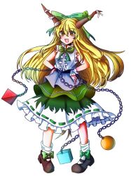 Rule 34 | 1girl, belt, black belt, blonde hair, bow, breasts, brown horns, chain, chinese commentary, commentary request, footwear bow, frilled skirt, frills, green bow, green ribbon, green skirt, hair ribbon, hands on own hips, highres, horn ornament, horn ribbon, horns, ibuki suika, layered skirt, long hair, mahoushaojiulilika05836, mary janes, neck ribbon, open mouth, ribbon, ribbon-trimmed skirt, ribbon trim, shirt, shoes, simple background, skirt, sleeveless, sleeveless shirt, small breasts, smile, socks, solo, torn clothes, torn sleeves, touhou, white background, white shirt, white skirt, white socks, wrist cuffs, yellow eyes