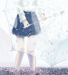 Rule 34 | 1girl, bad drawr id, bad id, bare legs, black skirt, falling petals, holding, holding umbrella, long sleeves, lower body, original, partially submerged, petals, petals on liquid, pleated skirt, shirt, skirt, solo, standing, transparent, transparent umbrella, umbrella, water, water drop, white background, white shirt, ymr