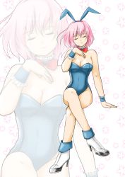 Rule 34 | 1girl, animal ears, bad id, bad pixiv id, bare legs, bare shoulders, breasts, rabbit ears, rabbit tail, playboy bunny, cleavage, detached collar, closed eyes, fake animal ears, female focus, high heels, large breasts, pink hair, saigyouji yuyuko, shoes, short hair, sitting, smile, solo, sonremongi, tail, touhou, wrist cuffs, zoom layer