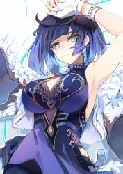 Rule 34 | 1girl, armpits, black hair, blue eyes, blunt bangs, bracelet, breasts, chinese clothes, cleavage, coat, coat on shoulders, commentary request, fingerless gloves, fur-trimmed coat, fur trim, genshin impact, gloves, highres, jewelry, koomoi, large breasts, looking at viewer, mole, mole on breast, short hair, sidelocks, simple background, sleeveless, solo, vision (genshin impact), white gloves, yelan (genshin impact)