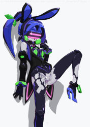 Rule 34 | android, animal ears, black theme, blue hair, blue theme, breasts, rabbit ears, cum, cum in pussy, cumdrip, doll joints, high heels, highres, joints, leg lift, mecha musume, musen-shiki sanhankikan, open clothes, open shirt, pantyhose, pussy, robot, shirt, shoes, torn clothes, torn legwear, virtual on