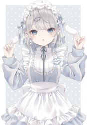 Rule 34 | 1girl, :o, absurdres, animal ears, apron, badge, blue eyes, blunt bangs, border, breasts, clothes writing, collared dress, cross-shaped pupils, dot nose, dress, ear piercing, earrings, english text, frills, grey dress, grey hair, grey nails, hands up, highres, jersey maid, jewelry, long sleeves, looking at viewer, maid, maid apron, maid headdress, nail polish, neck ribbon, original, parted lips, paruno, piercing, polka dot, polka dot background, rabbit earrings, rabbit ears, ribbon, short hair, solo, straight-on, symbol-shaped pupils, unconventional maid, white apron, white border, zipper