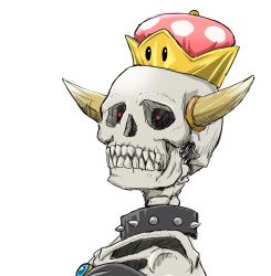 Rule 34 | 1girl, black dress, borrowed design, bowsette, brooch, chamaji, collar, commentary request, dress, dry bowser, glowing, glowing eyes, highres, horns, jewelry, looking at viewer, mario (series), new super mario bros. u deluxe, nintendo, portrait, sharp teeth, simple background, skeleton, skull, spiked collar, spikes, super crown, teeth, white background
